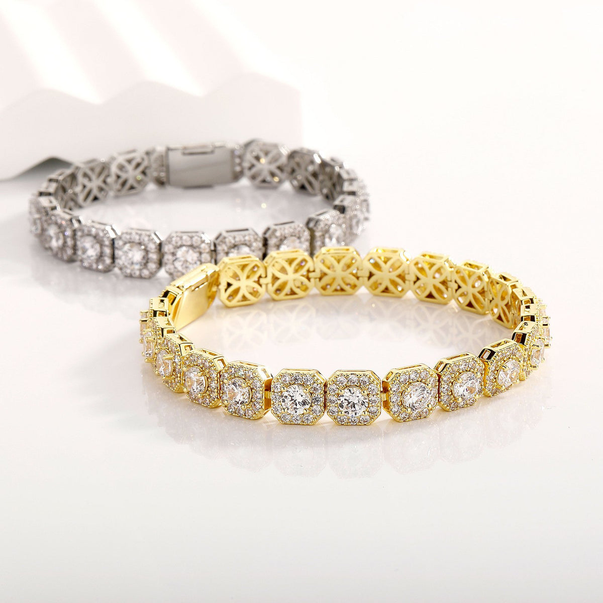 Zircon Tennis Bracelet Nova Square Halo Copper Chain, Gold or Silver Tone, 6.5–8 in