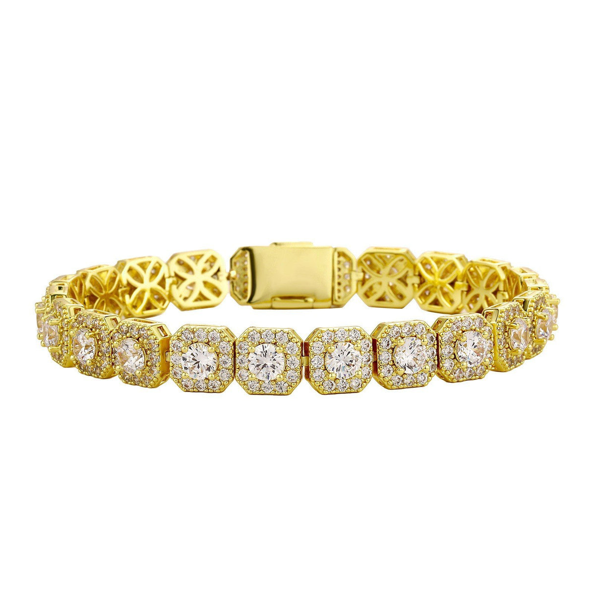 Zircon Tennis Bracelet Nova Square Halo Copper Chain, Gold or Silver Tone, 6.5–8 in