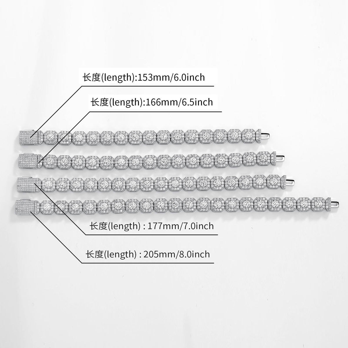 Zircon Tennis Bracelet Nova Square Halo Copper Chain, Gold or Silver Tone, 6.5–8 in