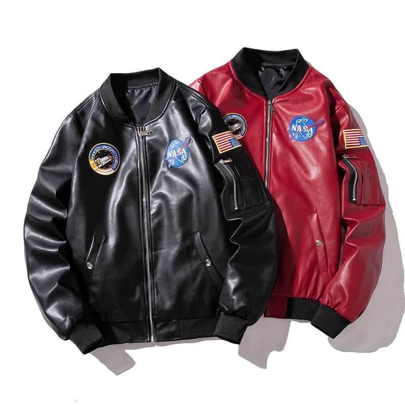 NASA Men's Leather Bomber Jacket Loose