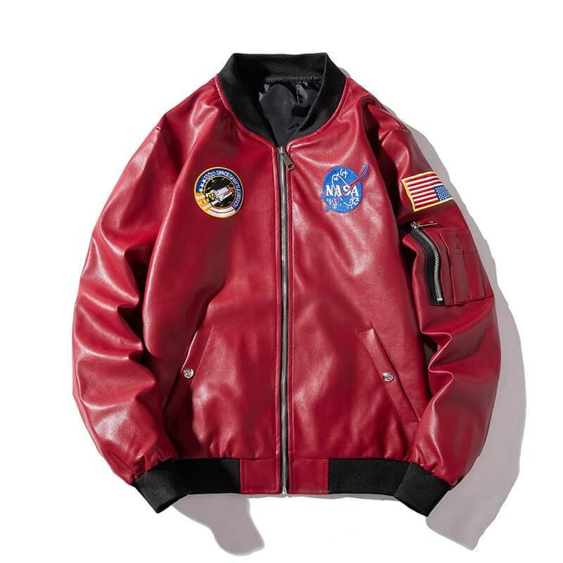 NASA Men's Leather Bomber Jacket Loose