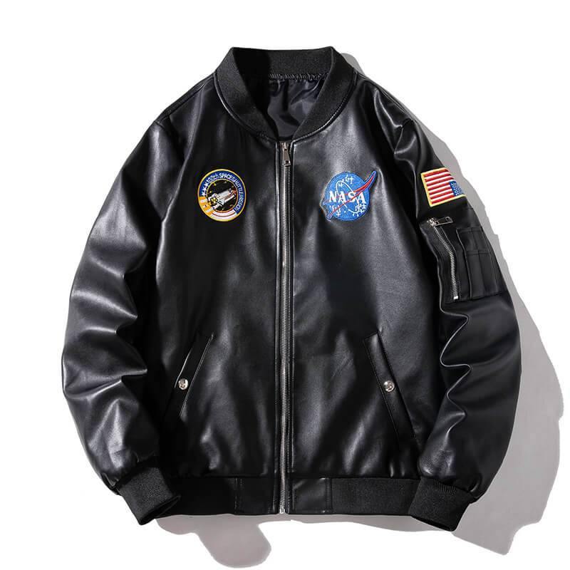 NASA Men's Leather Bomber Jacket Loose